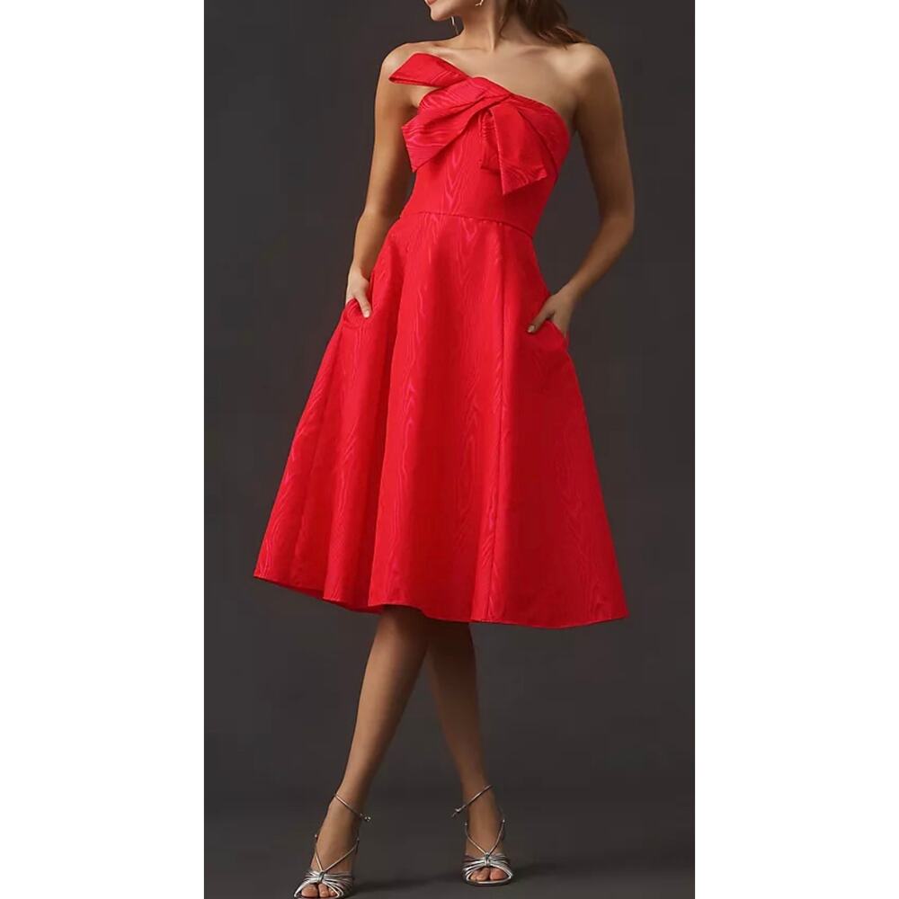 Shoshanna Midi Dress Odyssey Moiré Bow Strapless Fit & Flare Pink New